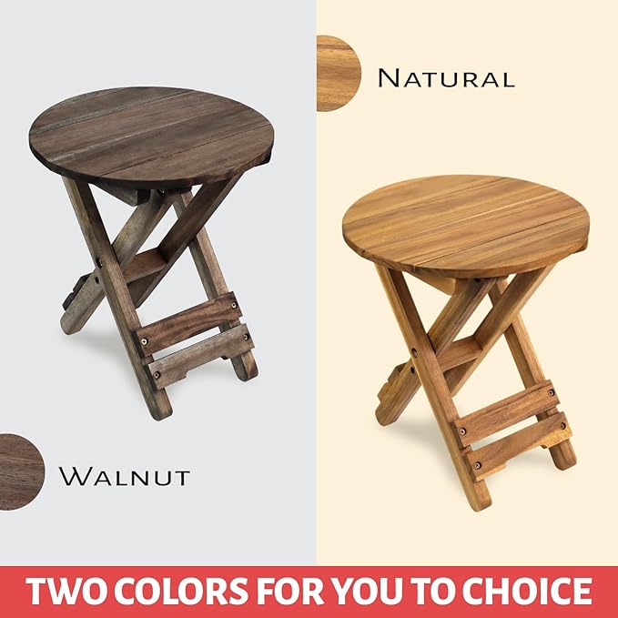 Small Patio Table, Outdoor Folding Side Table, Portable Accent Coffee End Table, Wood Top for Living Room, Bedroom (Round - Walnut-Set of 2)