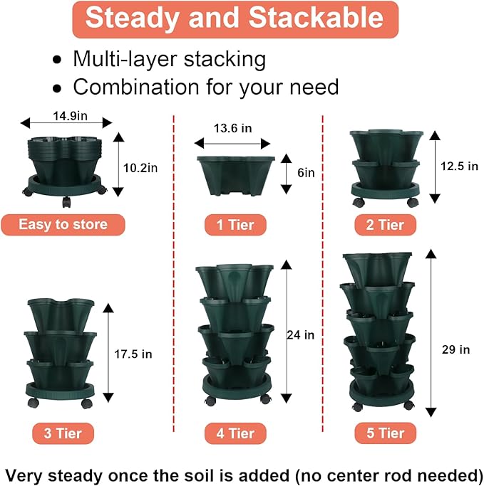 GameXcel Vertical Planter 5 Tier Stackable Planters Garden Planters Strawberry Herb Flower and Vegetable Planter Indoor Outdoor Gardening Pots with Removable Wheels and Tools