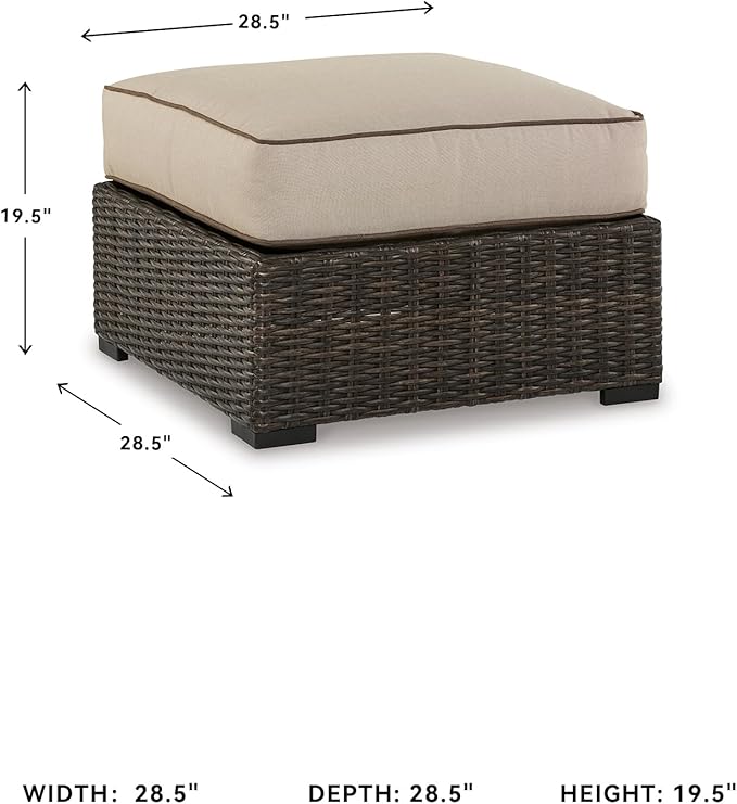 Signature Design by Ashley Coastline Bay Outdoor Patio Nuvella Weather Resistant Fabric, Resin Wicker Ottoman with Cushion, Beige & Dark Brown