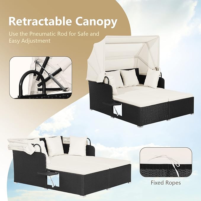 ORALNER Outdoor Daybed, 2-Person Wicker Patio Sofa with Retractable Canopy, Cushions & Pillows, 2 Side Trays, PE Rattan Double Sunbed Lounger for Deck Poolside Backyard Garden Balcony (Off-White)