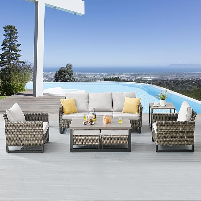 Belord 7 Piece Outdoor Furniture Patio Wicker Sofa Set, Oversize Outdoor Dining Chairs with Rattan Ottomans, Conversation Sets Patio Furniture Come with Removable Washable Cushion Beige