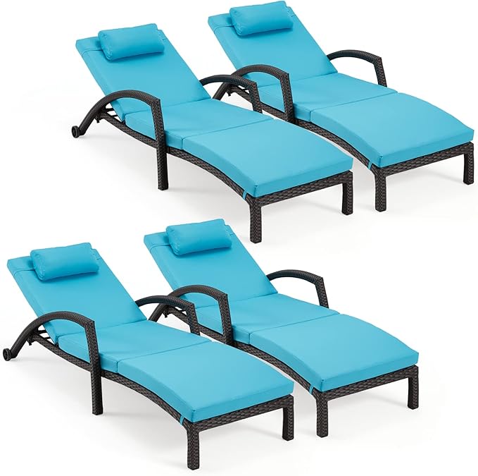 HOMREST Chaise Lounge Chairs Set of 4, PE Rattan Wicker Lounge Chair with Arm and Wheels for Poolside,Blue