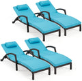 HOMREST Chaise Lounge Chairs Set of 4, PE Rattan Wicker Lounge Chair with Arm and Wheels for Poolside,Blue