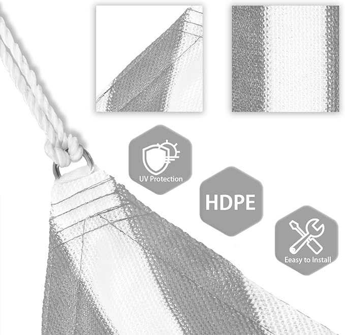 Patio Paradise 5' x 5' x 5' Sun Shade Sail Triangle Canopy Shade Cloth Fabric Sunlight Block Patio Pergola Cover HDPE Deck Awning for Outdoor Backyard Roof Shading, Gray White Strip