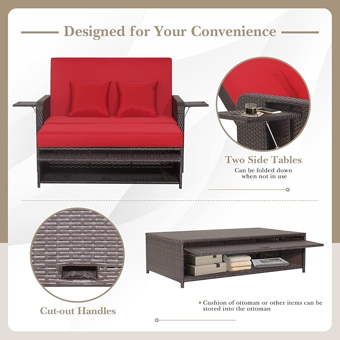 HAPPYGRILL Patio Rattan Wicker Daybed with Loveseat & Storage Ottoman, Outdoor Lounge Sofa Furniture Set with Adjustable Backrest & Side Trays, for Poolside Deck Porch Lawn (Mix Brown & Red)