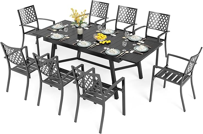 PHI VILLA 9 Pieces Outdoor Dining Set for 8, 84" Long Expandable Wrought Iron Table & Stackable Metal Chairs, Large Furniture Set for Patio, Deck, Yard, Porch - Black