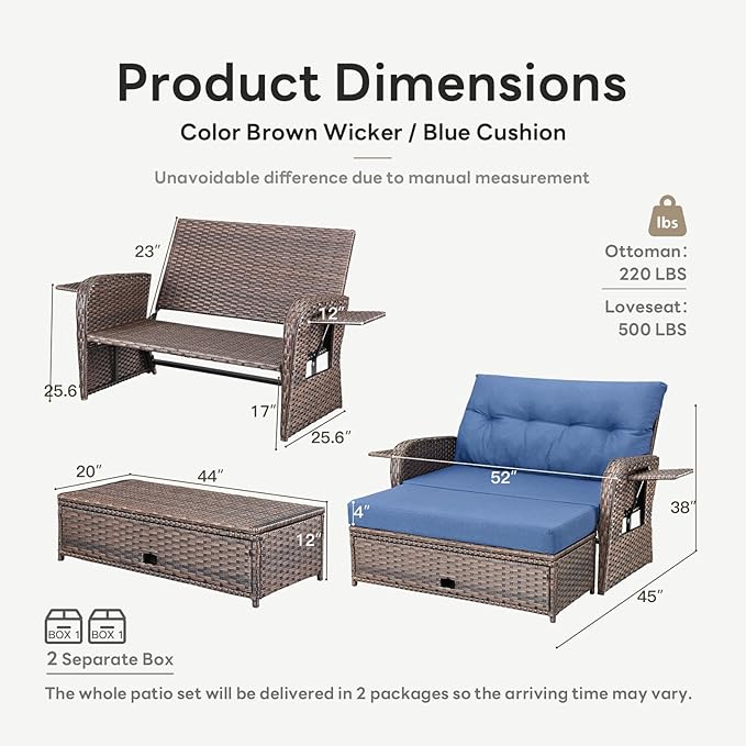 Belord Oversize Outdoor Daybed Set - Patio Recliner Loveseat with Storage Ottoman, Wicker Double Lounge Chair wth 5 Level Adjustable Backrest and 2 Retractable Table