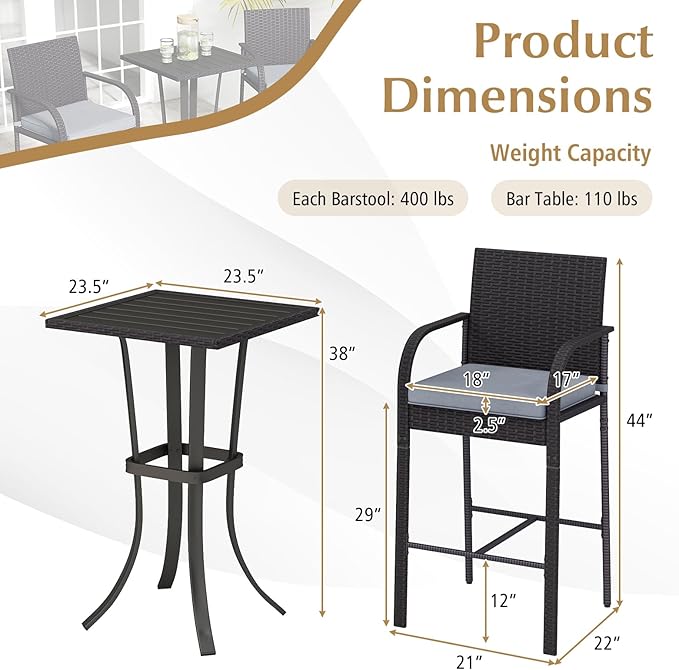 Tangkula 3 Piece Patio Wicker Bar Set, Outdoor Rattan Counter Height Cushioned Chairs & Square Table with Heavy-Duty Metal Frame, for Balcony, Backyard, Poolside