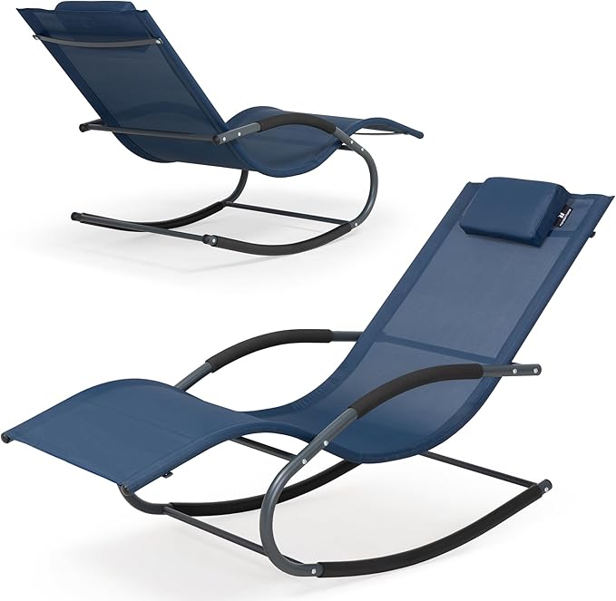 Outdoor Lounge Chair with Pillow, Pool Chaise Lounge Chair Set of 2, Navy Blue