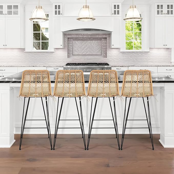IDZO Set of 2 Rattan Counter Stools, 24" Height, 400lbs Capacity, Cushioned Seats, Steel Frame, for Indoor and Outdoor Use, Suitable for Patio, Bar, or Kitchen Island