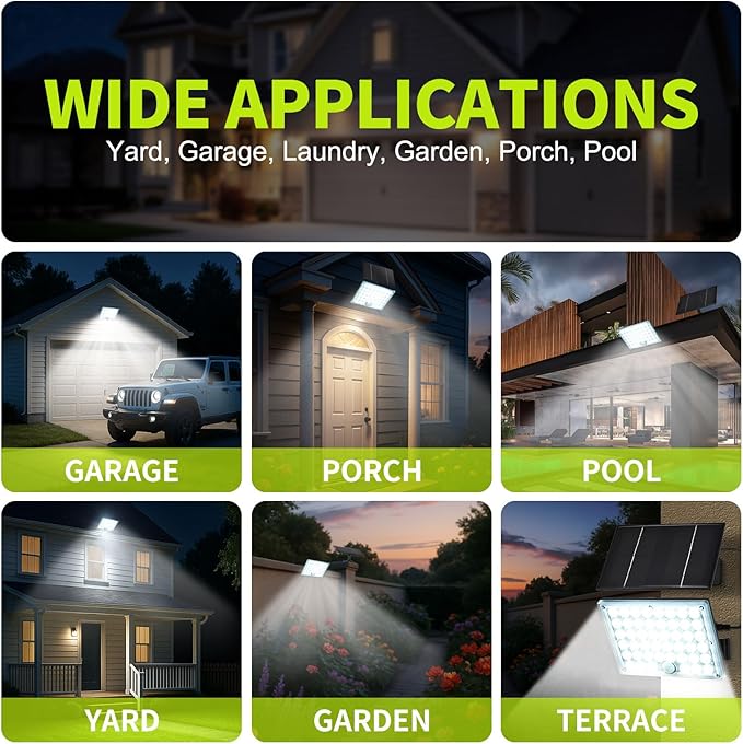 184 LED Solar Lights Outdoor, Waterproof Solar Motion Sensor Flood Lights Outside with 3 Modes Adjustable, Auto On/Off, 20Ft Cable for Porch, Patio, Garden, Garage,Yard, 4 Packs