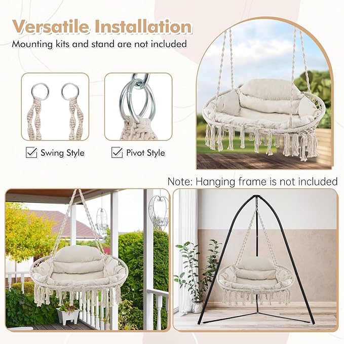 Tangkula 2-Person Hanging Hammock Chair, Boho Style Macrame Hammock Swing with Soft Cushions, Tassels, Indoor Outdoor Cotton Rope Hanging Swing Chair for Bedroom, Porch, Balcony