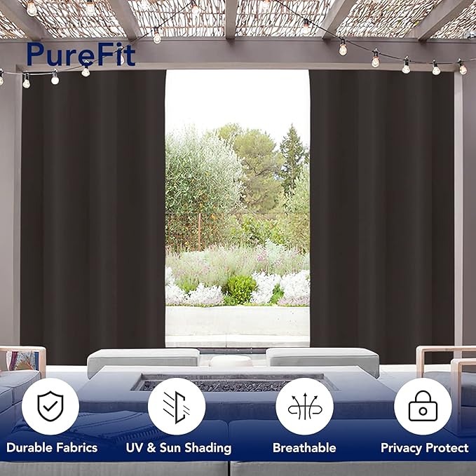 PureFit Outdoor Curtains for Patio Waterproof Weatherproof, UV Resistant Outside Curtains for Gazebo, Front Porch, Pergola, Sun Blocking Privacy Curtain, 52W x 120L inch, 1 Panel, Chocolate