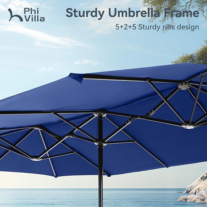 PHI VILLA 7 Pieces Outdoor Dining Set for 6 with Umbrella, 60" Long Metal Table & Swivel Iron Chairs with Cushions & 13ft Blue Umbrella, Modern Steel Furniture Set for Patio, Deck, Yard, Porch