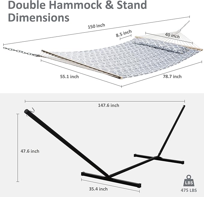SUNCREAT 55 Inch Extra Large Double Hammock with Stand, 475lbs Capacity, Outdoor Portable Hammock with Hardwood Spreader Bar, Extra Large Pillow, Grey