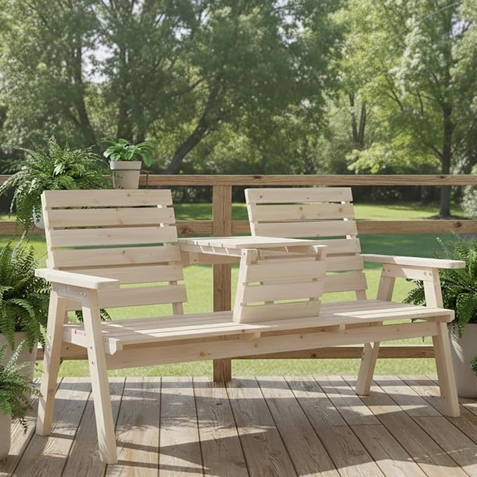 FORTUNO Cedar/Fir Log Wood Patio Garden Bench with Foldable Table, Outdoor Wooden Porch 3-Seat Bench Chair for Garden Balcony Patio Backyard, Natural Finish