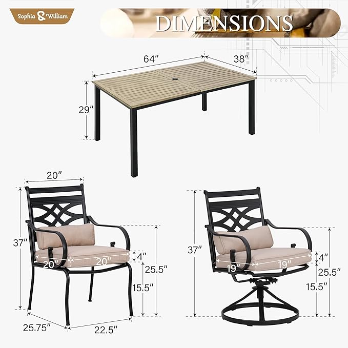 Sophia & William Outdoor Patio Dining Set for 6 | Outdoor Table and Chairs | Removable Seat Cushions | 4 Fixed Chairs | 2 Swivel Patio Dining Chairs | 64" Metal Tabletop with Wood Texture