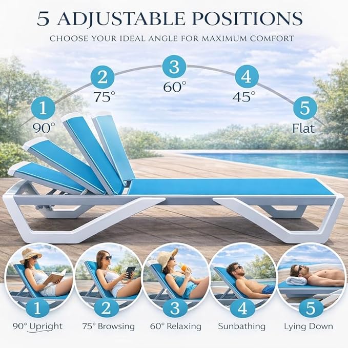 Kozyard Outdoor Chaise Lounge Chair, Full Flat Adjustable Patio Lounger with Aluminum Frame & Resin Legs, Textilene Fabric for Poolside, Backyard & Beach (Aqua/WhiteFrame, Chair + Table)