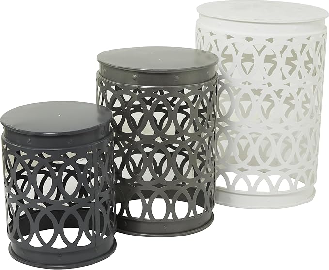 Deco 79 Metal Side End Accent Table Indoor Outdoor Nesting End Table with Carved Trellis Design, Set of 3 Side Table 23", 19", 15"H, Multi Colored