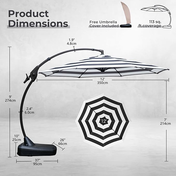 Grand patio 12FT Outdoor Round Offset Umbrella Large Patio Aluminum Cantilever Umbrella with Base for Garden Deck Poolside (Black & White, 12 FT)