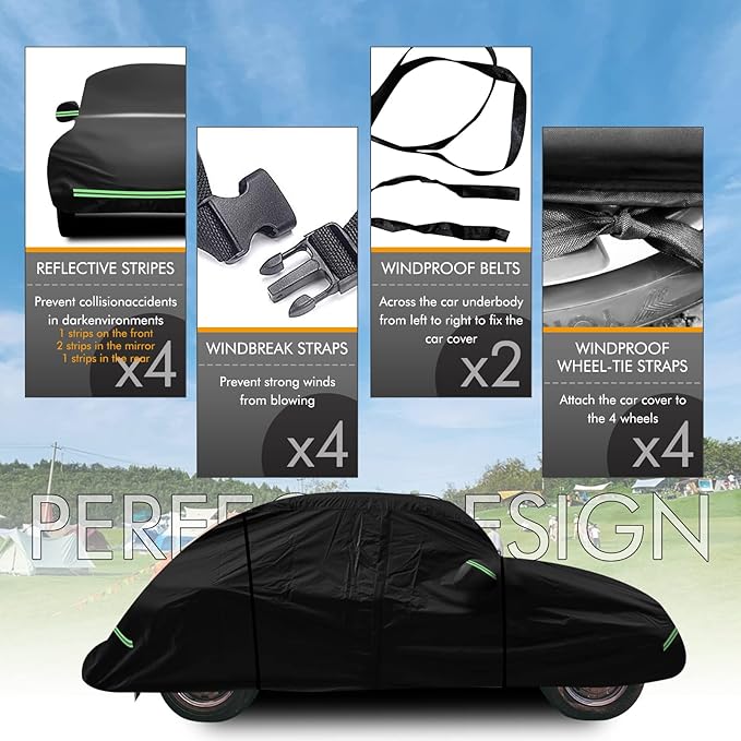 for VW 1960-1980 Volkswagen Beetle Bug Sedan 2-Door Saloon Car Covers 210D Outdoor Waterproof UV, Custom-fit Protective Full Covers with Cotton Layer, Zipper Door, Reflective Strip, Storage Bag