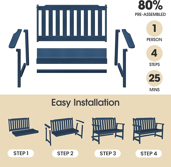 Ciokea 49" Heavy Duty Outdoor Bench Set of 2, HDPE Weatherproof Garden Bench, 2-Person Memorial Benches with 660 Lbs, Waterproof Patio Porch Benches for Outside Business Office Backyard, Navy Blue