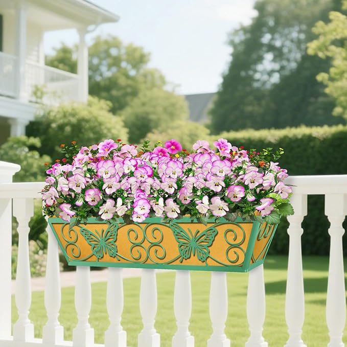 2 Pack 24 Inch Window Boxes Planters Railing Planter Box with Adjustable Brackets for Porch Fence Patio Balcony Hanging Flower Baskets with Woven Fabric for Outdoor Garden Decor - Green