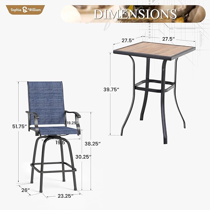 Sophia & William Outdoor Bar Set, Patio Bar Table and Chairs Set, Bar Height Patio Set - 2 x Swivel Bar Chairs(Blue), 1 x Square Bar Table(Wood-Like)