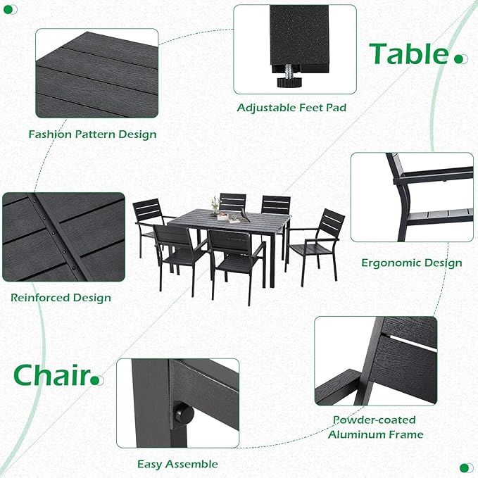 AECOJOY 7 Piece Outdoor Dining Set, 60" x 36" Aluminum Patio Table and Chairs Set for 6 with Rectangular Table and Stackable Chairs for Garden, Backyard, Black