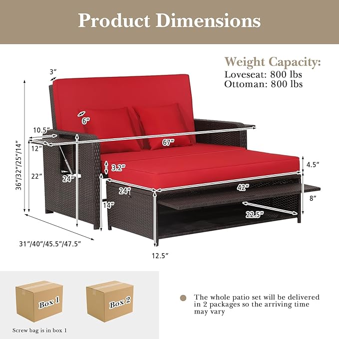 Nightcore Wicker Patio Outdoor Daybed, Outdoor Chaise Lounger w/ 4-Level Adjustable Backrest, Retractable Side Trays, Storage Ottoman, Comfortable & Removable Cushions, Rattan Loveseat (Red)