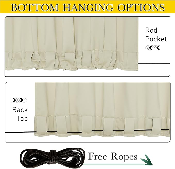 NICETOWN 2 Panels Outdoor Curtains Waterproof Pocket & Back Tab on Top & Bottom, Thermal Insulated Windproof Sun Blocking Outside Privacy Drapes for Patio with Fixed Rope, W52 x L84, Beige