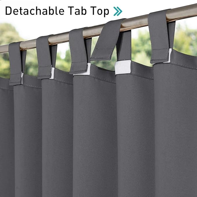 NICETOWN 2 Panels Grey Patio Outdoor Curtainss Weighted and Thick Waterproof 95" L by 84" W, Thermal Insulated Detachable Tab Top Blackout Sunlight Reducing Outdoor Indoor Window Drapes for Porch