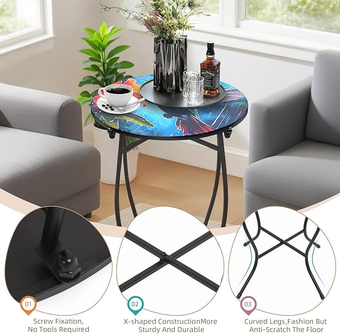 Small Outdoor Table, 21 Inch Heigh Weather Resistant Metal Round Outdoor Indoor End Table Side Table for Patio Yard Porch Balcony Garden Bedside, Easy Assemble