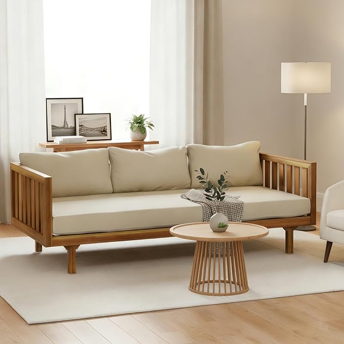 Merax Solid Acacia Wood Couch Chaise Lounge Chair Indoor, 3 Seater Daybed Sofa Couches with Cushions & Pillow, Heavy Frame Day Bed for Living Room, Office, Outdoor, Balcony, Patio, Water Resistant