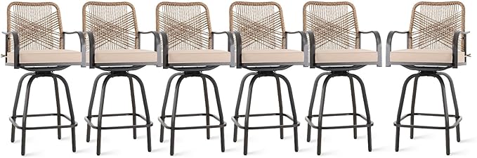 Outdoor Bar Stools Set of 6, 360° Swivel Metal Frame, Wicker Patio Bar Height Stools with Cushion, All-Weather Rattan Chair Design for Patio Backyard, Lawn Garden, Balcony, Poolside