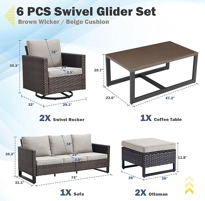 Belord 6 Piece Outdoor Furniture Patio Wicker Sofa Set, Oversize Outdoor Swivel Rocker Chairs with Rattan Ottomans, Conversation Sets Patio Furniture Come with Removable Washable