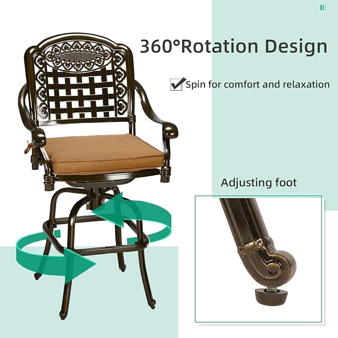 VIVIJASON 3-Piece Outdoor Swivel Bar Stools Set, All Weather Cast Aluminum Patio Bar Height Bistro Set with 2 Cushioned Bar Chairs & 31" High Bar Table w/Umbrella Hole for Backyard, Lawn, Garden