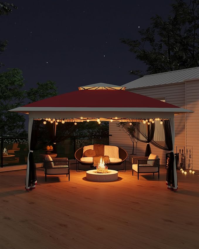 Canopy Tent 13x13 ft, Pop Up Gazebo One-Push Setup with 4 SandBags for Backyard Parties and BBQs, Mosquito Netting & Height Adjustable - Red