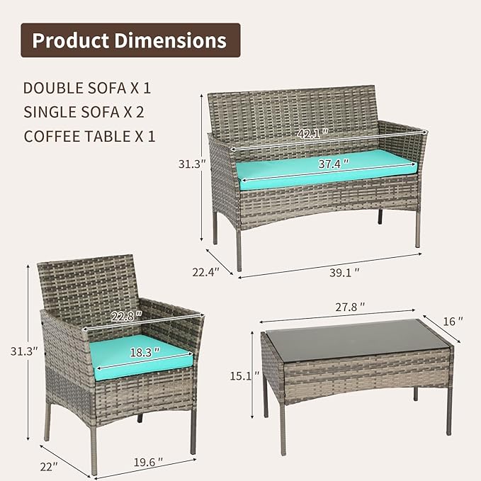 FDW Outdoor Patio Furniture Set Wicker Patio Set PE Rattan Furniture Bistro Set for Outdoor Indoor Use with Loveseats Coffee Table, Blue Cushions, 4 Pieces