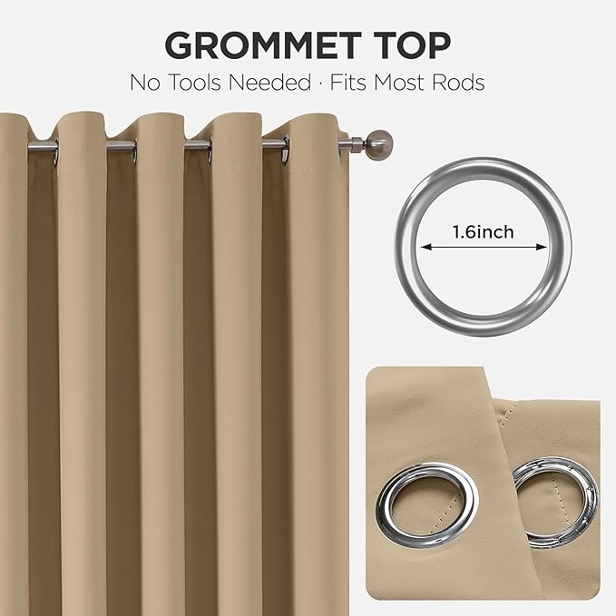 Joydeco Blackout Patio Sliding Door Curtains 108 Inches Long, Grommet Privacy Room Divider Curtains, Extra Wide Thermal Blackout Drapes for Bedroom Living Room (Light Beige, 60Wx108L, 1 Panel)