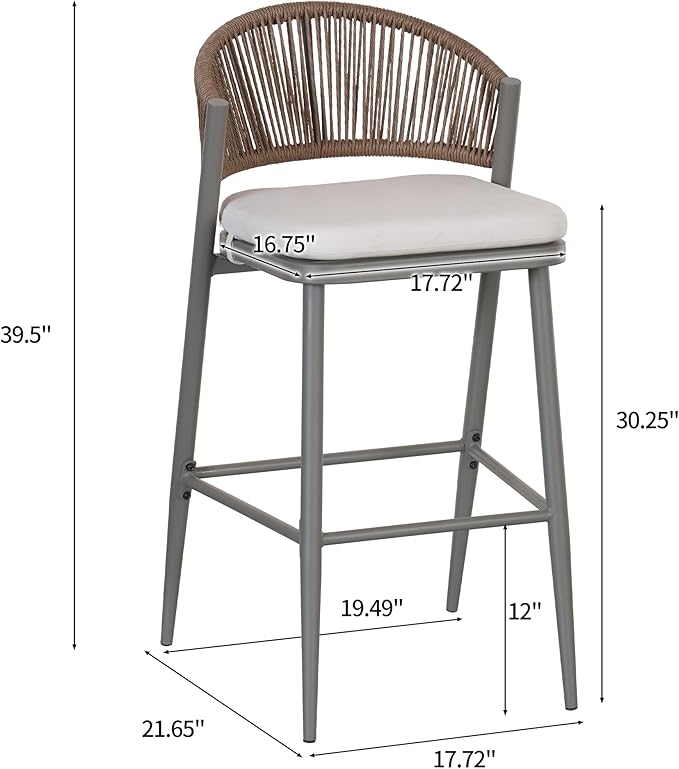 Christopher Knight Home Hearth 30.25" H Patio Barstools Set of 2, Woven Wicker Counter Stool, PE Rattan Scallop-Shaped Backrest Bar Chair, Metal Frame Barstool for Backyard Balcony Garden, Gray