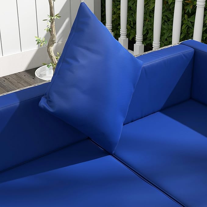 Outsunny 7 Piece Patio Furniture Set, Wicker Outdoor Sectional Sofa Set, All Weather PE Rattan Outdoor Furniture Conversation Sets with Cushions, Glass Top Coffee Table, Pillows, Blue