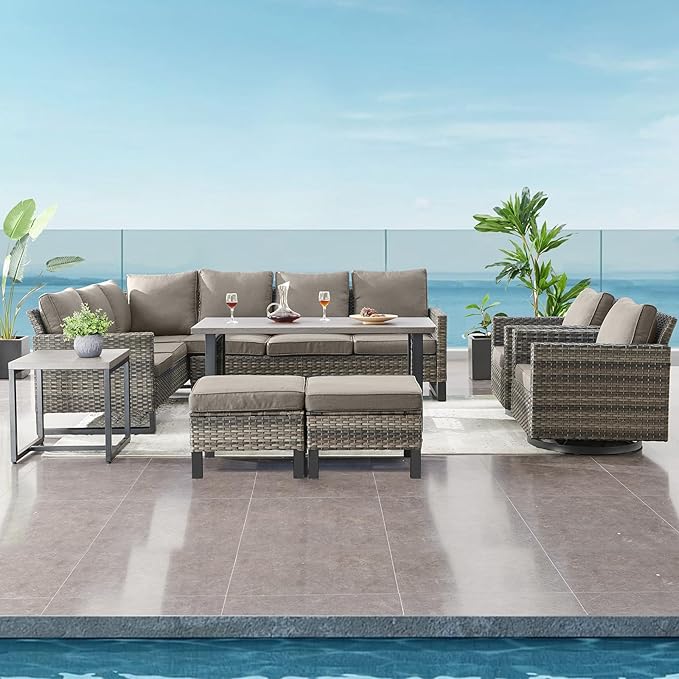 Belord Patio Sectional Furniture Set with Coffee Table: 8 Pieces Wicker Patio Conversation Set with L Shaped Sofa, Outdoor Swivel Glider Rocker, Rattan Ottomans, Removable