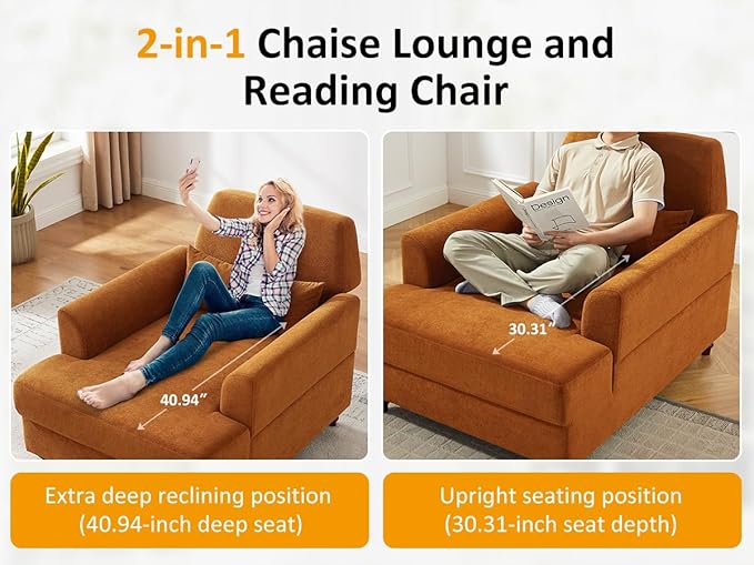 Chaise Lounge Chair Indoor Set of 2, Oversized Accent Chair for Living Room with Adjustable Backrest, Upholstered Mid-Century Reading Armchair for Adults, Comfy Modern Single Sofa Chair for Bedroom