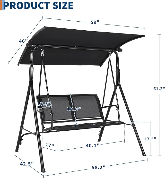Porch Swing with Adjustable Canopy for Adults 2-Seat Outdoor Waterproof Textilene & Steel Frame Patio Swing Bench for Backyard Lawn Garden Black