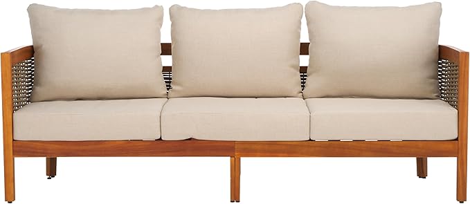 SAFAVIEH Outdoor Collection Amanda Natural Acacia Solid Wood/Taupe Cushion 3-Seater Sofa