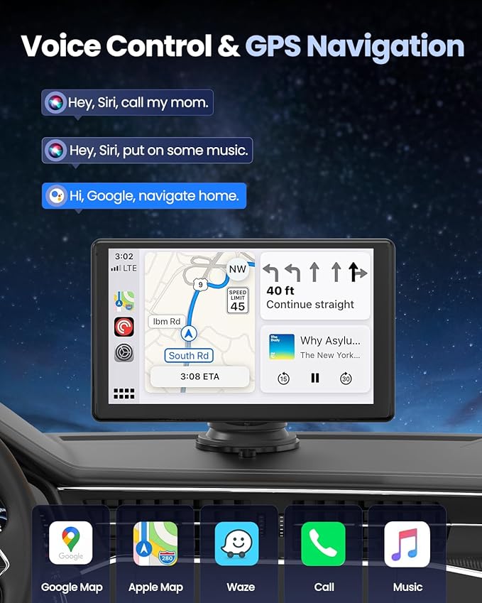 Portable Carplay Screen for Car 5K Dash Cam, 9" Wireless CarPlay & Android Auto Car Stereo, Car Audio Receivers with 1080p Backup Camera, Bluetooth/GPS Navigation/Voice Control/Mirror Link