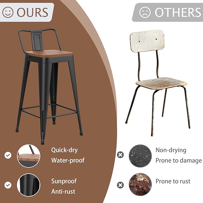 HAOBO Home 30" Outdoor Barstools Patio Stool Metal Bar Stools Set of 4 Counter Height Barstools with Wood Plastic Seat Industrial Bar Chairs Metal Kitchen Stools