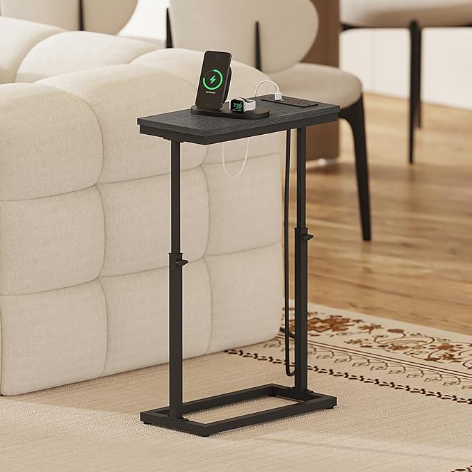 TUTOTAK End Table with Charging Station, Side Table, Tall Couch Table, Sofa Table, Living Room, Bedroom,Black TB01BK084