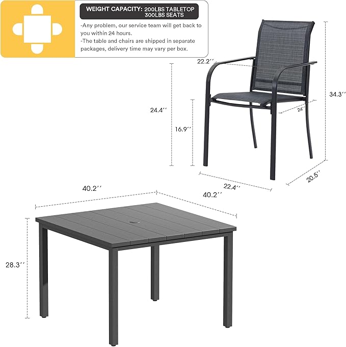 VICLLAX Outdoor Dining Set for 4, 5 Pieces Patio Dining Furniture Set with Umbrella Hole- 40.2" Patio Table and Chairs for Balcony, Garden and Deck, Grey Tabletop